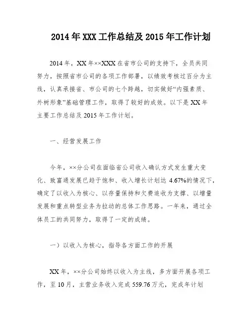 2014年XXX工作总结及2015年工作计划