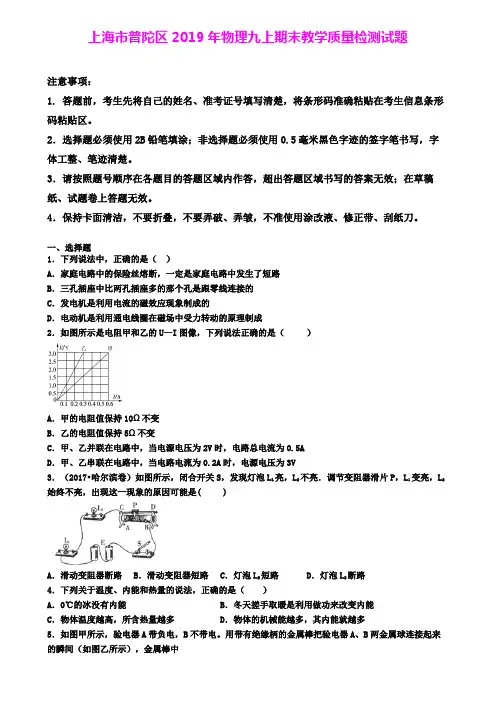 上海市普陀区2019年物理九上期末教学质量检测试题