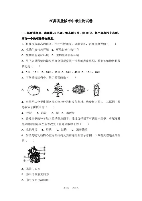 苏教版盐城市中考生物试卷含试卷分析解析 
