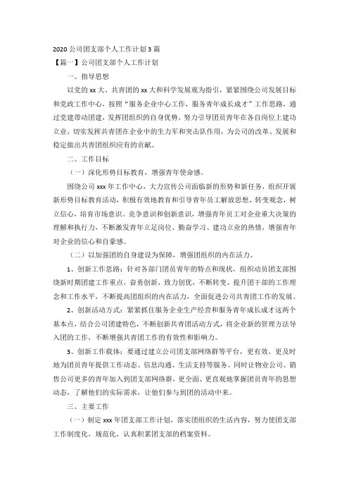 2020公司团支部个人工作计划3篇