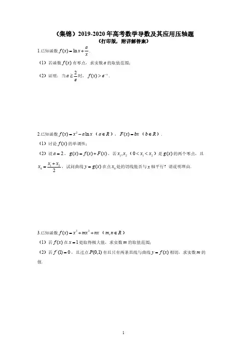 (集锦)2019-2020年高考数学导数及其应用压轴题