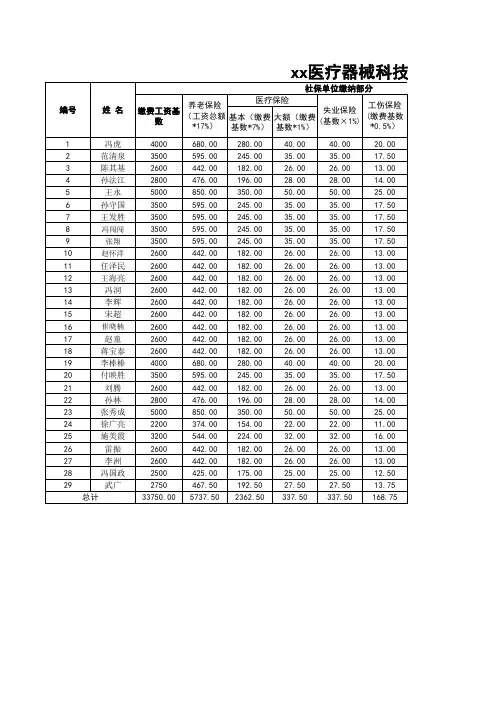 员工社保缴费明细表--