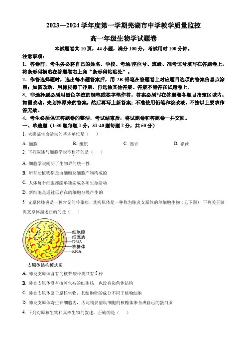 安徽省芜湖市2023-2024学年高一上学期期末考试 生物 Word版含解析