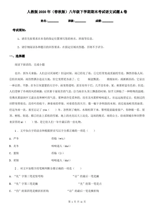 人教版2020年(春秋版)八年级下学期期末考试语文试题A卷(检测)