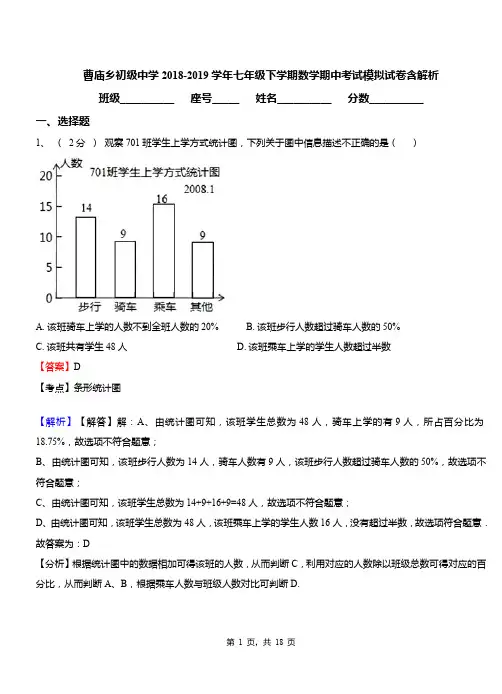 曹庙乡初级中学2018-2019学年七年级下学期数学期中考试模拟试卷含解析