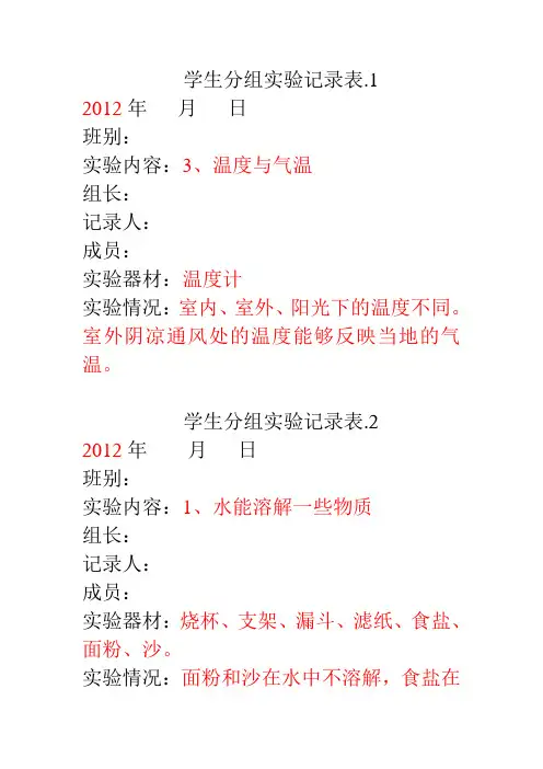 学生分组实验记录表