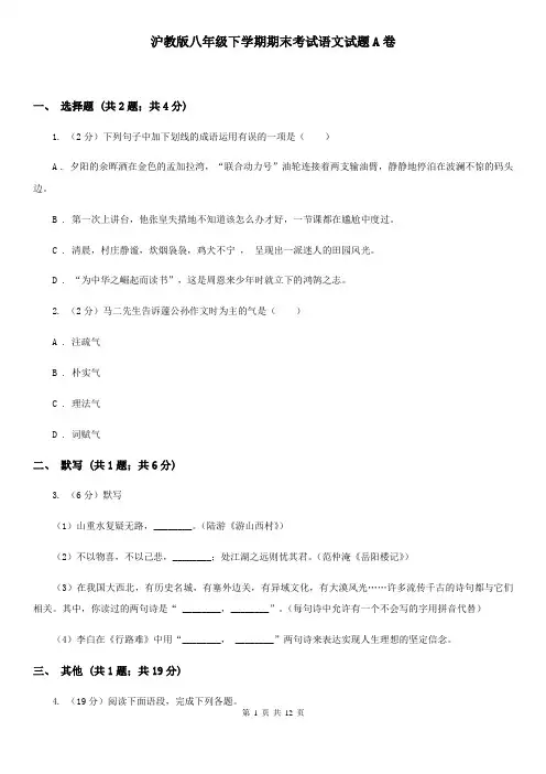 沪教版八年级下学期期末考试语文试题A卷