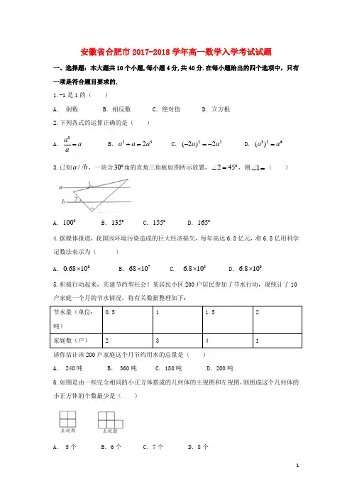安徽省合肥市 高一数学入学考试试题
