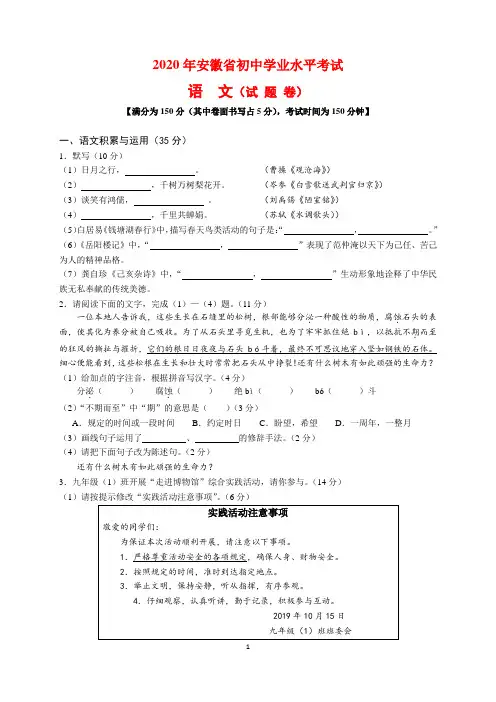 2020年安徽省中考语文试题及参考答案)(word解析版)