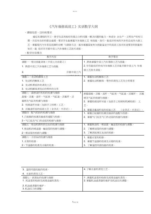 汽车维修高级工实训大纲概要