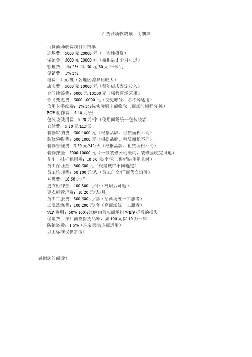 百货商场收费项目明细单