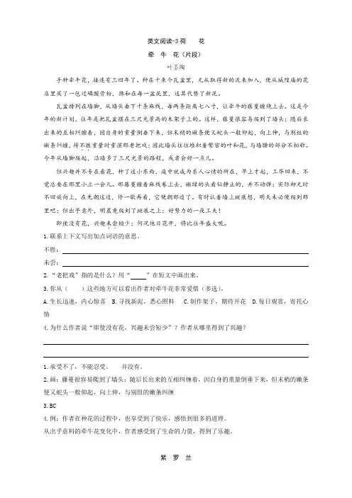 新版部编版三年级语文下册类文阅读训练-3荷花(含答案)