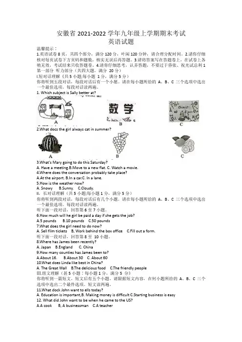 安徽省2021-2022学年九年级上学期期末英语试卷
