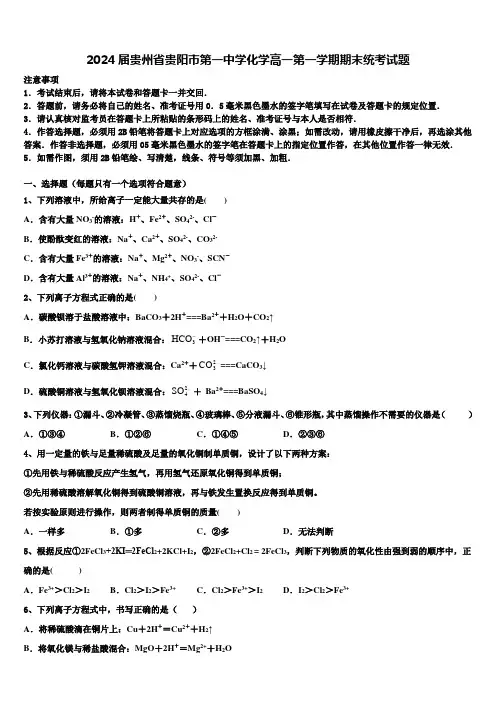 2024届贵州省贵阳市第一中学化学高一第一学期期末统考试题含解析