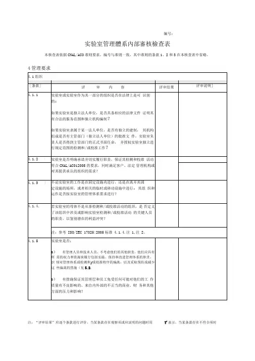 实验室管理体系内部审核检查表