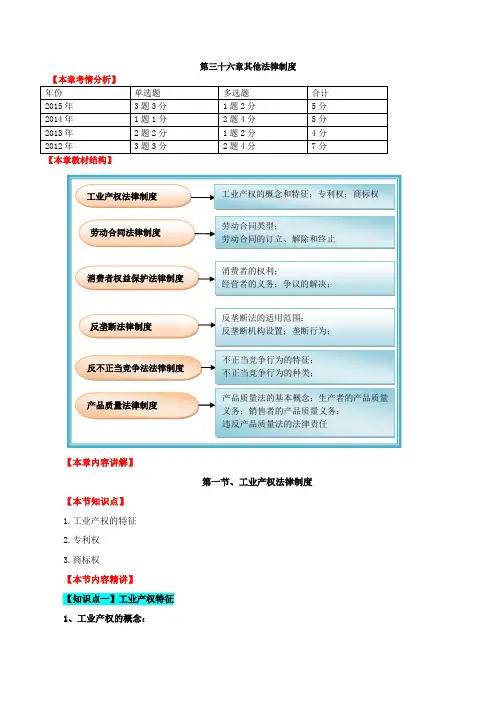中级经济师-经济基础、第三十六章其他法律制度-第一节：工业产权法律制度
