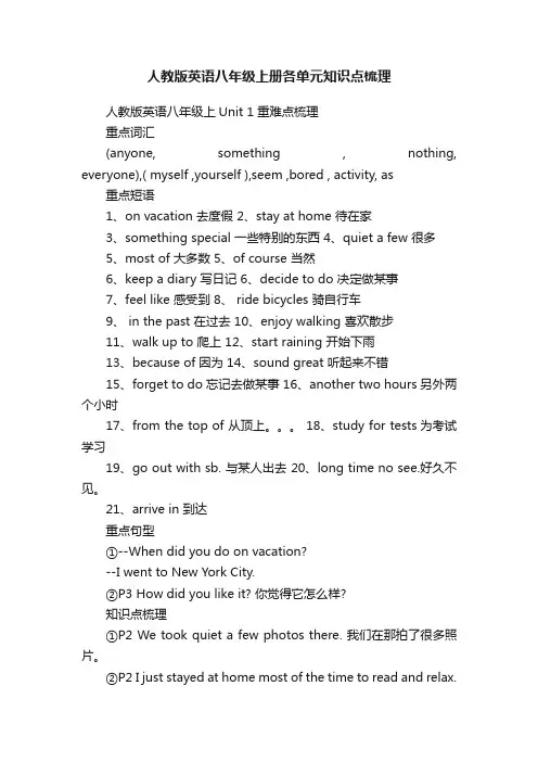 人教版英语八年级上册各单元知识点梳理