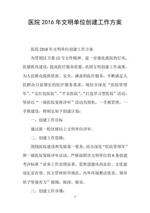 医院2016年文明单位创建工作方案