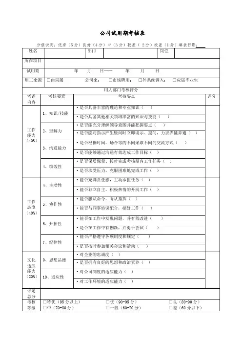 公司试用期满考核表