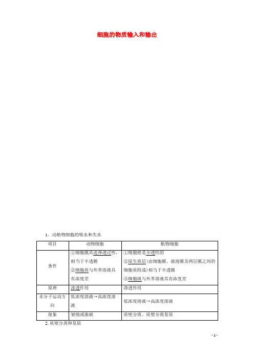 通用版2020版高考生物二轮复习第1部分专题1细胞的分子组成结构功能和物质运输考点3细胞的物质输入和输出教