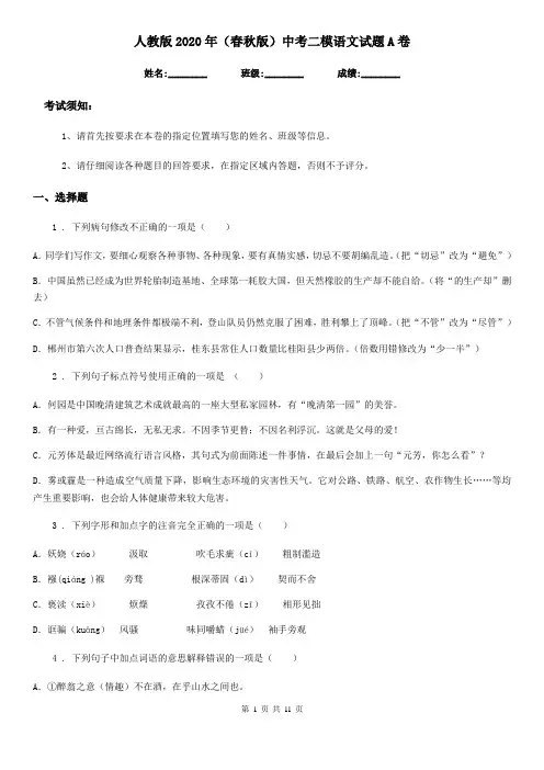 人教版2020年(春秋版)中考二模语文试题A卷(检测)