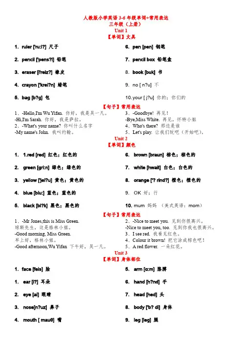 人教版小学英语3-6年级书后词汇表(带音标)和常用表达完整版