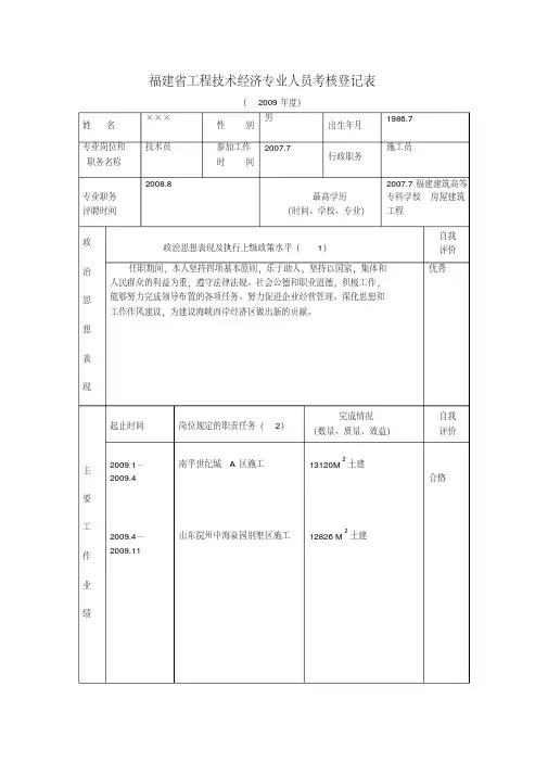 福建省工程技术经济专业人员考核登记表范本