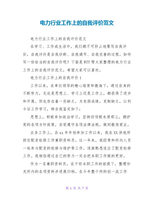 电力行业工作上的自我评价范文