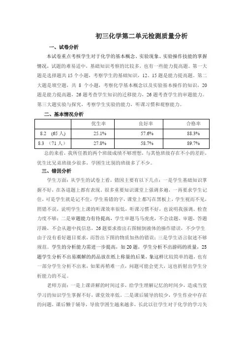初三化学第一单元检测质量分析