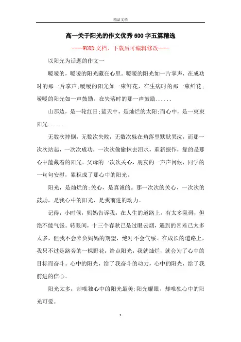 高一关于阳光的作文优秀600字五篇精选