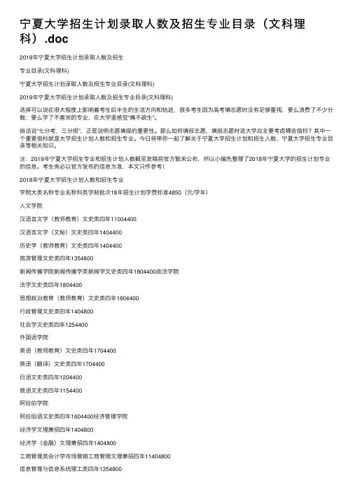 宁夏大学招生计划录取人数及招生专业目录（文科理科）.doc