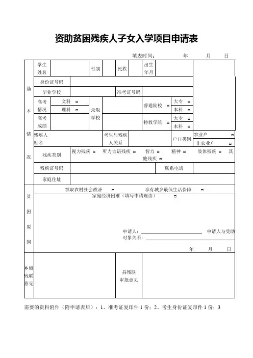 资助贫困残疾人子女入学项目申请表