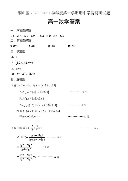 江苏省徐州市铜山区2020-2021学年高一上学期期中学情调研考试数学试题 参考答案(定稿)