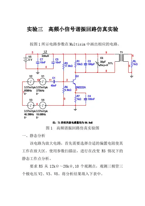 实验三单调谐回路谐振放大器仿真实验