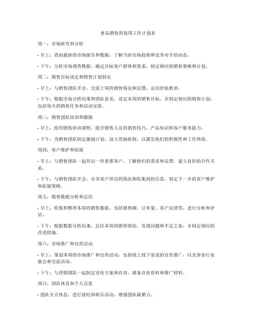 食品销售的每周工作计划表