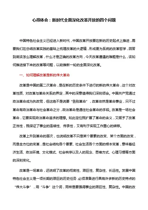 心得体会：新时代全面深化改革开放的四个问题