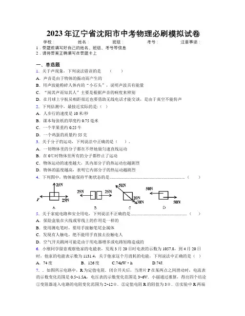 2023年辽宁省沈阳市中考物理必刷模拟试卷附解析