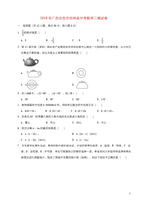 广西百色市田林县2019年中考数学二模试卷(含解析)