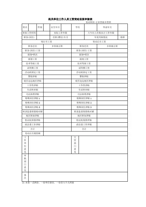 机关单位工作人员工资变动呈报审核表