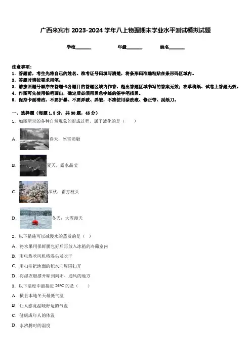 广西来宾市2023-2024学年八上物理期末学业水平测试模拟试题含答案
