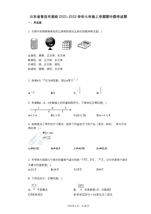 山东省青岛市某校2021-2022学年-有答案-七年级上学期期中数学试题