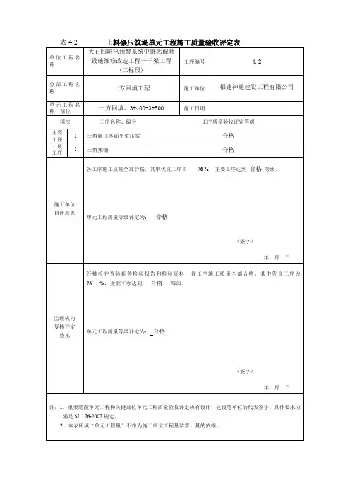 最新版水利水电工程工程质量评定表(渠道土方回填)填表样例