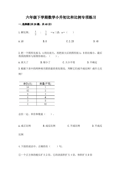 六年级下学期数学小升初比和比例专项练习(全优)加精品答案