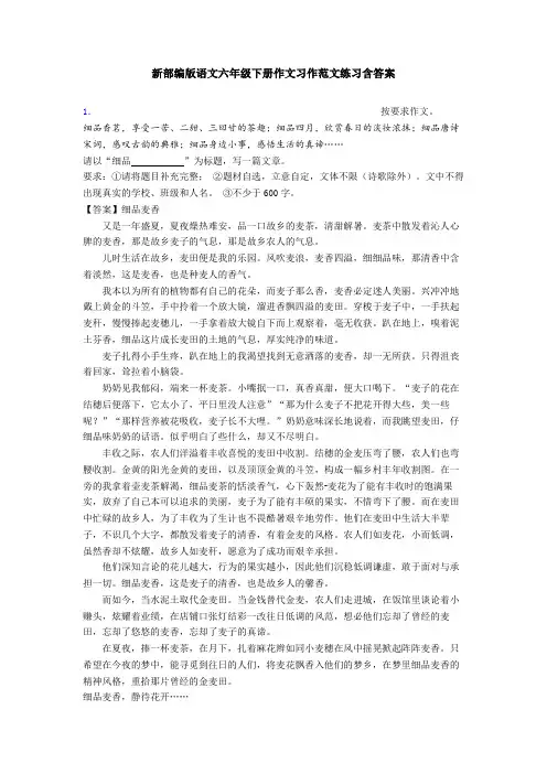 新部编版语文六年级下册作文习作范文练习含答案