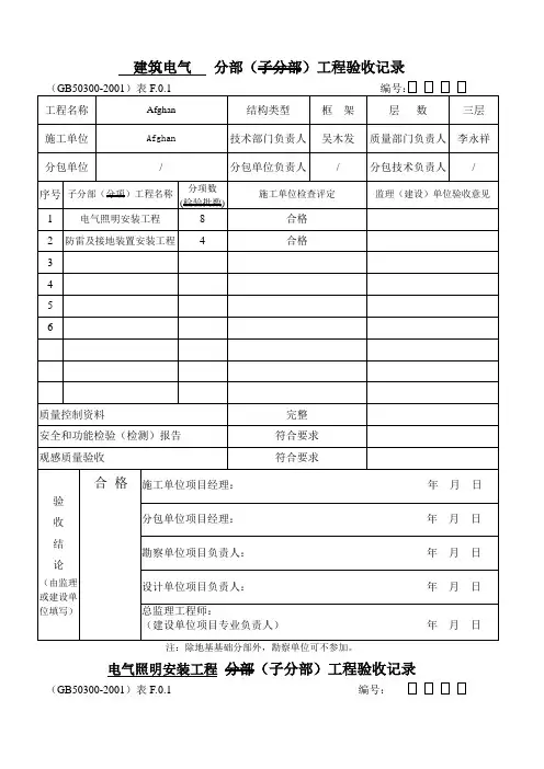 全套建筑电气分部分项工程验收记录