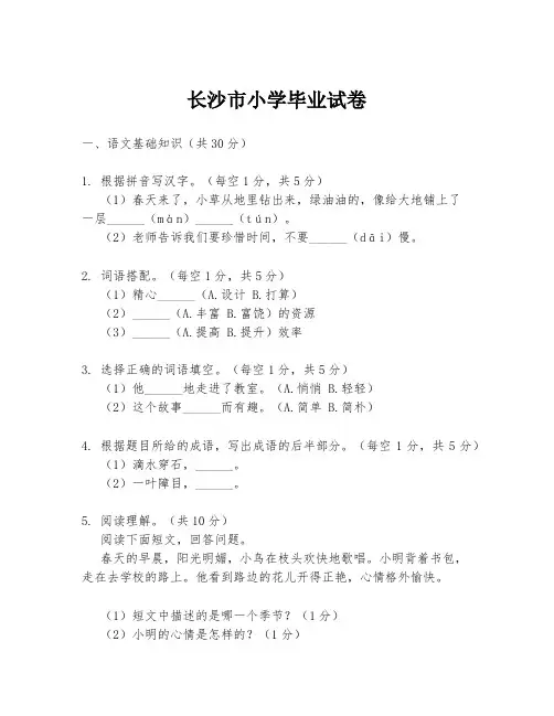 长沙市小学毕业试卷