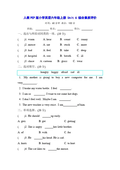 人教PEP版小学英语六年级上册 Unit 6 综合素质评价(含答案)