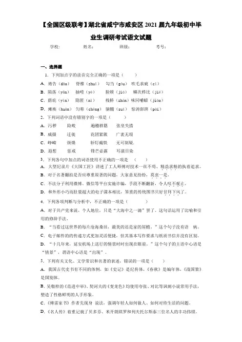 【全国区级联考】湖北省咸宁市咸安区2021届九年级初中毕业生调研考试语文试题