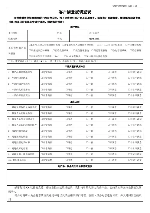 软件行业客户满意度调查表模板
