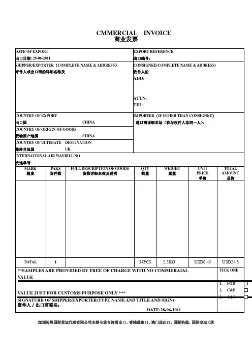 国际快递形式发票模板